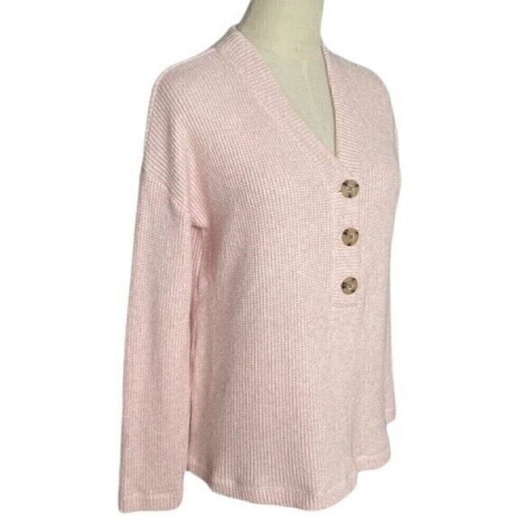 J Jill Sweater Pullover Henley V-Neck Long Sleeve Button Front Waffle Pink SZ S - Picture 4 of 12